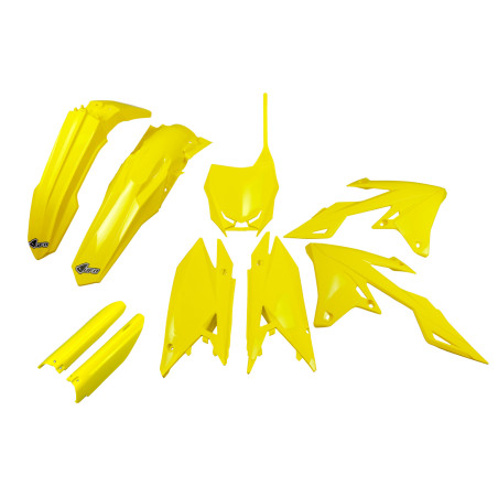 UFO KOMPLET PLASTIKÓW (FULL KIT) Z OSŁONAMI TELESKOPÓW (AMORTYZATORÓW) SUZUKI RMZ 250 '19-'25, RMZ 450 '18-'25 KOLOR ŻÓLTY