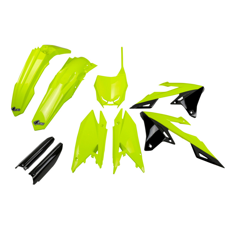 UFO KOMPLET PLASTIKÓW (FULL KIT) Z OSŁONAMI TELESKOPÓW (AMORTYZATORÓW) SUZUKI RMZ 250 '19-'25, RMZ 450 '18-'25 KOLOR ŻÓLTY FLUO