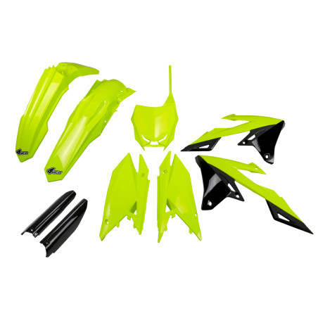 UFO KOMPLET PLASTIKÓW (FULL KIT) Z OSŁONAMI TELESKOPÓW (AMORTYZATORÓW) SUZUKI RMZ 250 '19-'25, RMZ 450 '18-'25 KOLOR ŻÓLTY FLUO