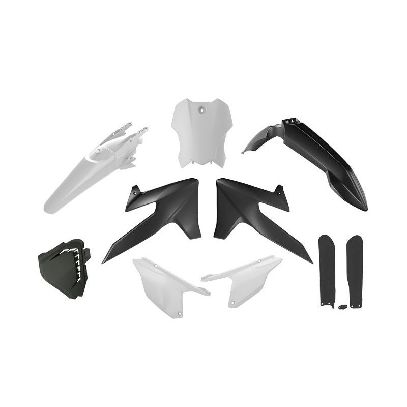 RACETECH (RTECH) KOMPLET PLASTIKÓW Z OSŁONAMI TELESKOPÓW TRIUMPH TF 250 X '24-'26, TF 450 RC '25-'26 KOLOR CZARNY / BIAŁY