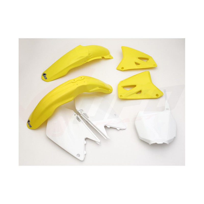 UFO KOMPLET PLASTIKÓW SUZUKI RM 125 '01-'22, RM 250 '01-'22 KOLOR OEM (BIAŁY/ŻÓŁTY) (SU402E999)