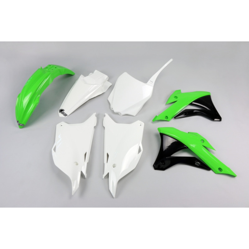 UFO KOMPLET PLASTIKÓW KAWASAKI KX 85 '14-'21, KX 100 '14-'21 KOLOR OEM '14-'15 (ZIELONY/BIAŁY/CZARNY)