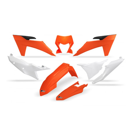 UFO KOMPLET PLASTIKÓW KTM EXC 150 / 250 / 300 TBI '24-'25, EXC-F 250 / 350 / 450 / 500 '24-'25 KOLOR OEM POMARAŃCZOWY BIAŁY