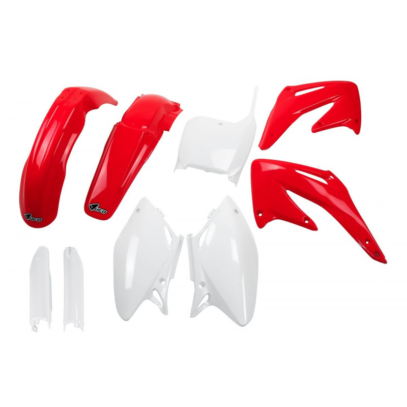 UFO Komplet plastików z osłonami lag Honda CRF 450 R 02-03 OEM czerwono-biały