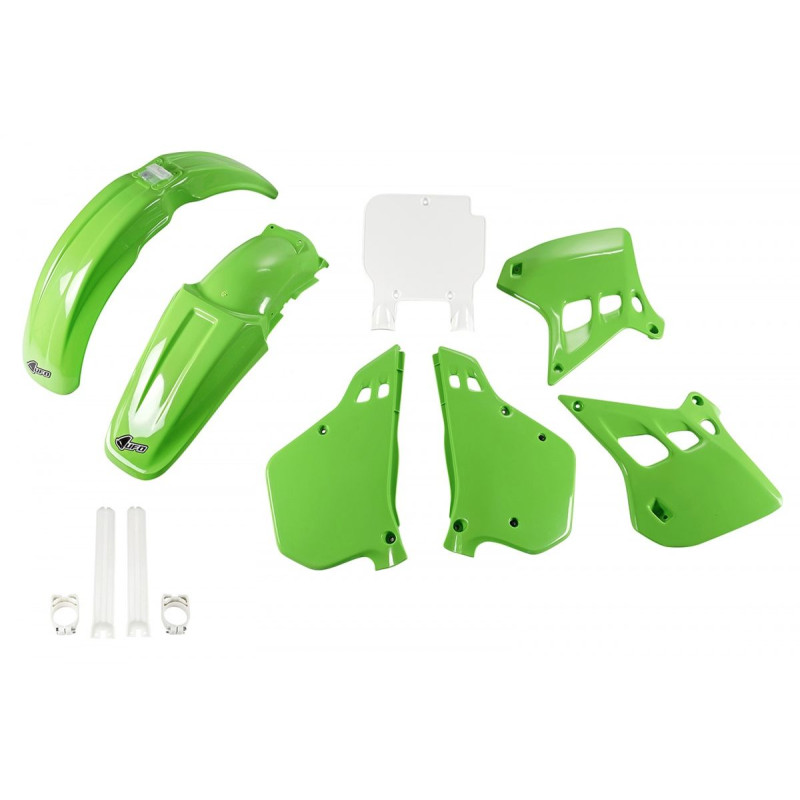 UFO komplet plastików z osłonami lag Kawasaki KX 125 1990-1991 zielony/biały OEM