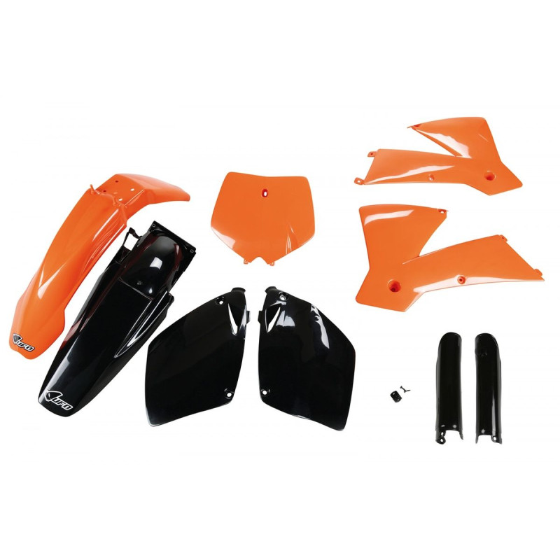 UFO KOMPLET PLASTIKÓW Z OSŁONAMI AMORTYZATORÓW KTM SX-SXF '01-'02 KOLOR OEM (POMARAŃCZOWY/CZARNY) (KT501E999)