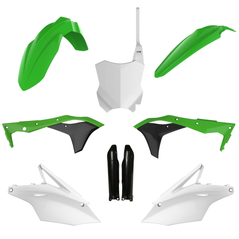 POLISPORT KOMPLET PLASTIKÓW KAWASAKI KX 250F '17-'20 Z TABLICĄ I OSŁONAMI AMORTYZATORÓW KOLOR ZIELONY CZARNY BIAŁY