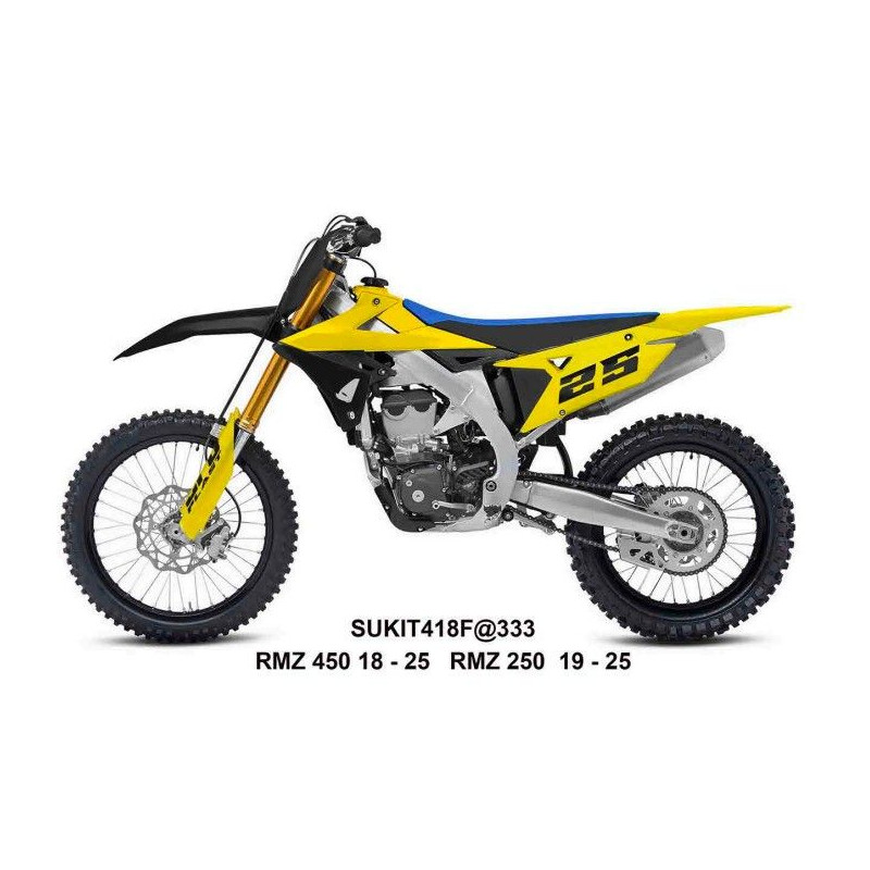 UFO KOMPLET PLASTIKÓW Z OSŁONAMI AMORTYZATORÓW SUZUKI RMZ 250 '19-'25, RMZ 450 '18-'25 KOLOR ŻÓŁTY / CZARNY