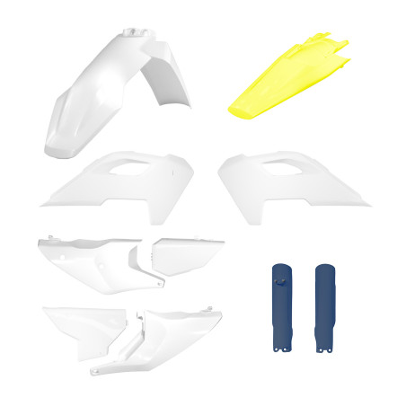POLISPORT WYPRZEDAŻ KOMPLET PLASTIKÓW HUSQVARNA TE/FE TPI '24-'25 W ZESTAWIE OSŁONY KOLOR BIAŁY ŻÓŁTY NIEBIESKI '24
