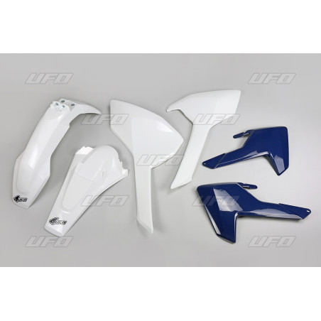 UFO KOMPLET PLASTIKÓW HUSQVARNA TE/TX 125/250/300 '17-19 KOLOR (BIAŁY, OSŁONY CHŁODNIC NIEBIESKIE) (HU618E999)