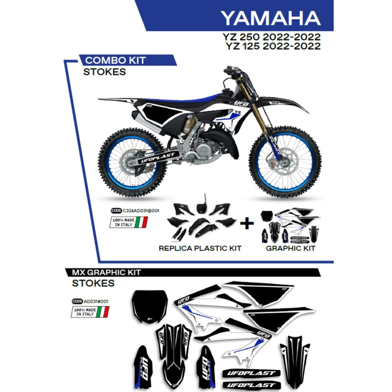 UFO KOMPLET PLASTIKÓW Z NAKLEJKAMI YAMAHA YZ 125/250 '22-'26, Z OSŁONAMI AMORTYZATORÓW STOKES KOLOR CZARNY - WYPRZEDAŻ