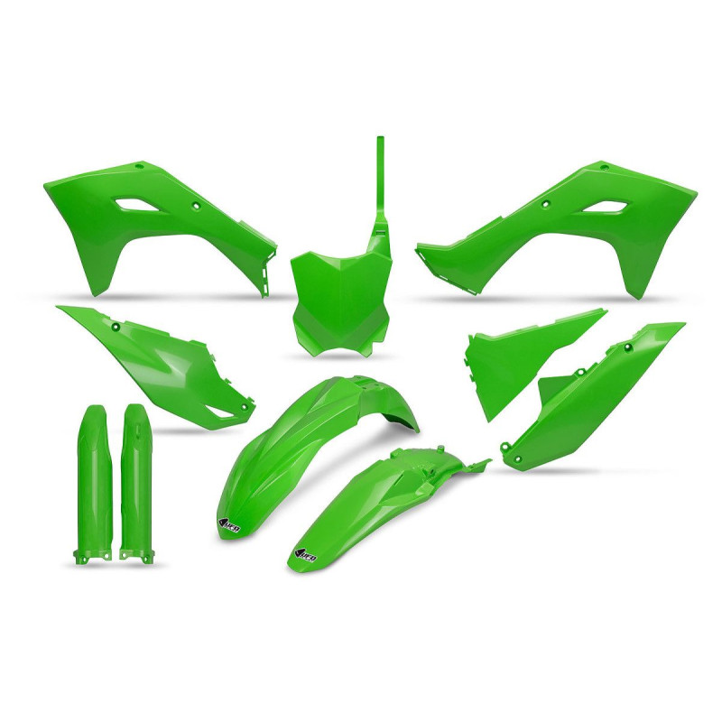 UFO KOMPLET PLASTIKÓW Z OSŁONAMI AMORTYZATORÓW KAWASAKI KXF 250 '25, KXF 450 '24-'26, KX 450X '24-'26 KOLOR OEM ZIELONY