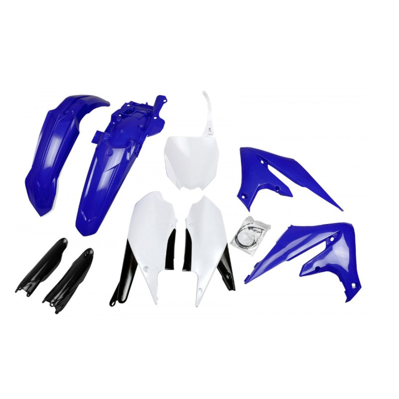 UFO KOMPLET PLASTIKÓW Z OSŁONAMI AMORTYZATORÓW YAMAHA YZF 250 '19-'23, YZF 450 '18-'22 KOLOR OEM NIEBIESKI BIAŁY CZARNY