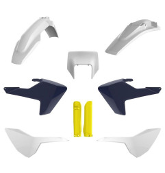POLISPORT KOMPLET PLASTIKÓW HUSQVARNA TE/FE TPI '17-'19 Z TABLICĄ I OSŁONAMI AMORTYZATORÓW KOLOR BIAŁO NIEBIESKI OEM