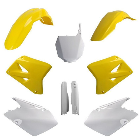 POLISPORT KOMPLET PLASTIKÓW SUZUKI RM 125/250 '01-'06 Z TABLICĄ I OSŁONAMI AMORTYZATORÓW KOLOR ŻÓŁTY BIAŁY