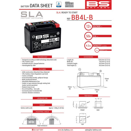 BS AKUMULATOR BB4L-B (FA) (YB4L-B) 12V 4AH 120X70X92 BEZOBSŁUGOWY - ZALANY (50A) (8)