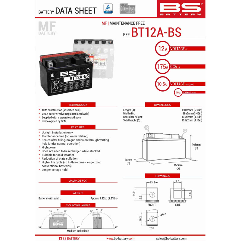 BS AKUMULATOR BT12A-BS (YT12A-BS) 152X88X106 12V 10AH BEZOBSŁUGOWY - ELEKTROLIT OSOBNO (175A) UE2019/1148 (4)
