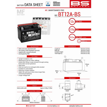 BS AKUMULATOR BT12A-BS (YT12A-BS) 152X88X106 12V 10AH BEZOBSŁUGOWY - ELEKTROLIT OSOBNO (175A) UE2019/1148 (4)