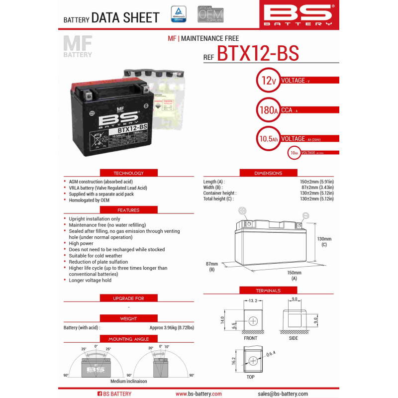BS AKUMULATOR BTX12-BS (YTX12-BS) 12V 10AH 152X88X131 BEZOBSŁUGOWY - ELEKTROLIT OSOBNO (180A) UE2019/1148 (4)