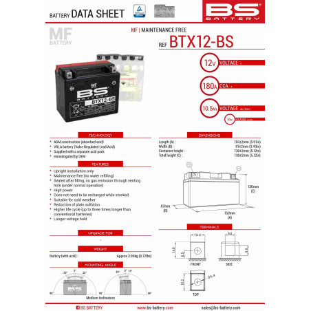 BS AKUMULATOR BTX12-BS (YTX12-BS) 12V 10AH 152X88X131 BEZOBSŁUGOWY - ELEKTROLIT OSOBNO (180A) UE2019/1148 (4)
