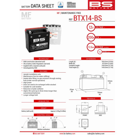 BS AKUMULATOR BTX14-BS (YTX14-BS) 12V 12AH 150X87X145 BEZOBSŁUGOWY - ELEKTROLIT OSOBNO (200A) UE2019/1148 (4)