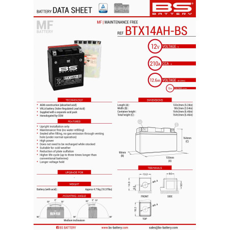 BS AKUMULATOR BTX14AH-BS (YTX14AH-BS) 12V 12AH 134X89X166 BEZOBSŁUGOWY - ELEKTROLIT OSOBNO (210A) UE2019/1148 (3)