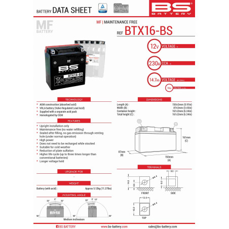 BS AKUMULATOR BTX16-BS (YTX16-BS) 12V 14AH 152X88X161 BEZOBSŁUGOWY - ELEKTROLIT OSOBNO (230A) UE2019/1148 (2)