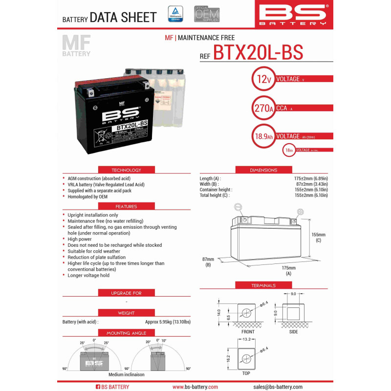 BS AKUMULATOR BTX20L-BS (YTX20L-BS) 12V 18AH 175X86X154 BEZOBSŁUGOWY - ELEKTROLIT OSOBNO (270A) UE2019/1148 (2)