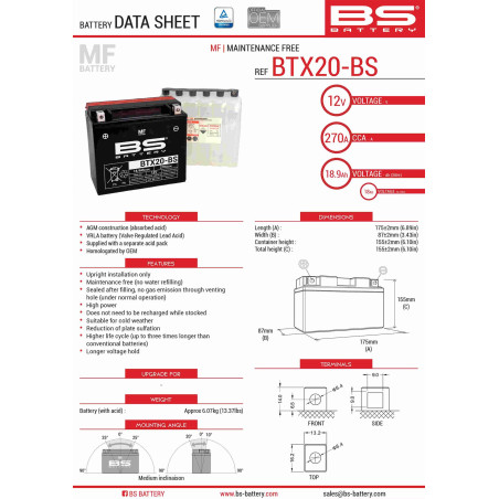 BS AKUMULATOR BTX20-BS (YTX20-BS) 175X87X155 BEZOBSŁUGOWY - ELEKTROLIT OSOBNO (270A) UE2019/1148 (2)
