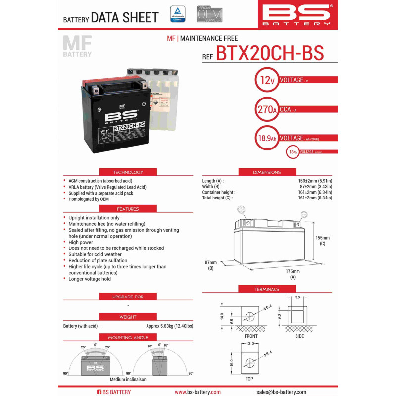 BS AKUMULATOR BTX20CH-BS (YTX20CH-BS, YTX20A-BS) 12V 18AH 150X87X161 BEZOBSŁUGOWY - ELEKTROLIT OSOBNO (270A) UE2019/1148 BS AKUMULATOR BTX20CH-BS (YTX20CH-BS, YTX20A-BS) 12V 18AH 150X87X161 BEZOBSŁUGOWY - ELEKTROLIT OSOBNO (270A) UE2019/1148