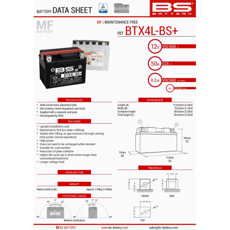 BS AKUMULATOR BTX4L-BS+ 12V 4AH 113X70X85 BEZOBSŁUGOWY - ELEKTROLIT OSOBNO UE2019/1148 - ZASTĘPUJE 300819