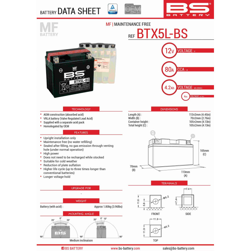 BS AKUMULATOR BTX5L-BS (YTX5L-BS) 12V 4AH 114X71X106 BEZOBSŁUGOWY - ELEKTROLIT OSOBNO (70A) UE2019/1148 (8)