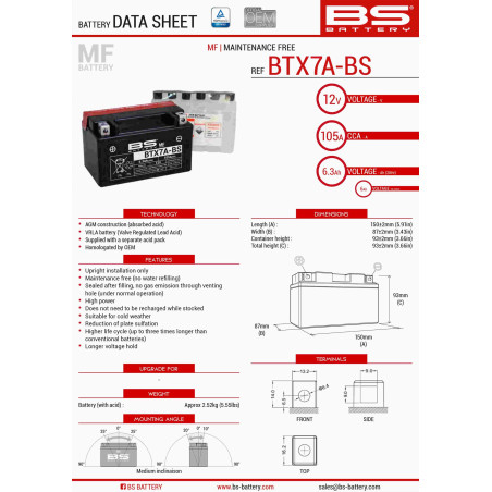 BS AKUMULATOR BTX7A-BS (YTX7A-BS) 12V 6AH 152X88X94 BEZOBSŁUGOWY - ELEKTROLIT OSOBNO (90A) UE2019/1148 (6)