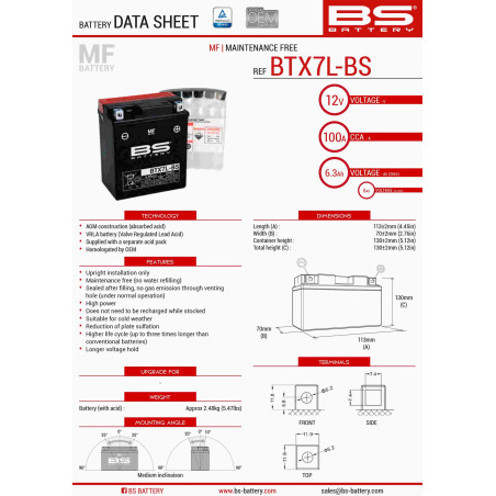 BS AKUMULATOR BTX7L-BS (YTX7L-BS) 12V 6AH 144X71X131 BEZOBSŁUGOWY - ELEKTROLIT OSOBNO (85A) UE2019/1148 (6)