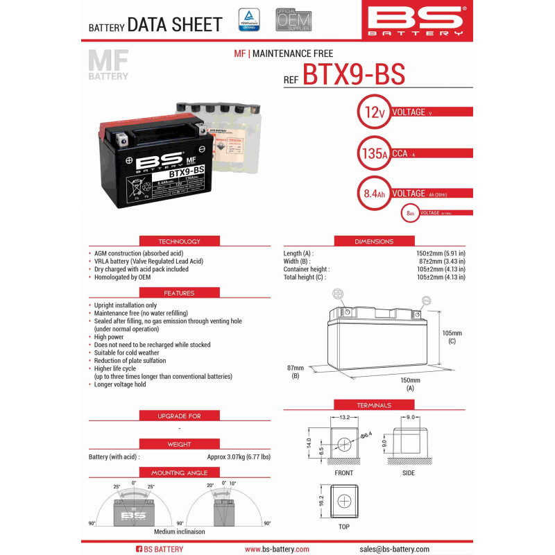 BS AKUMULATOR BTX9-BS (YTX9-BS) 152X88X106 12V 8AH BEZOBSŁUGOWY - ELEKTROLIT OSOBNO (120A) UE2019/1148 (6)