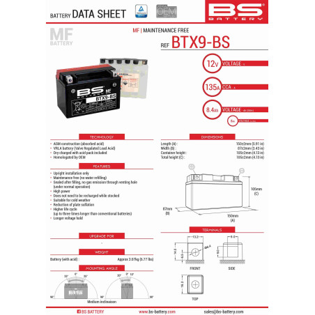 BS AKUMULATOR BTX9-BS (YTX9-BS) 152X88X106 12V 8AH BEZOBSŁUGOWY - ELEKTROLIT OSOBNO (120A) UE2019/1148 (6)