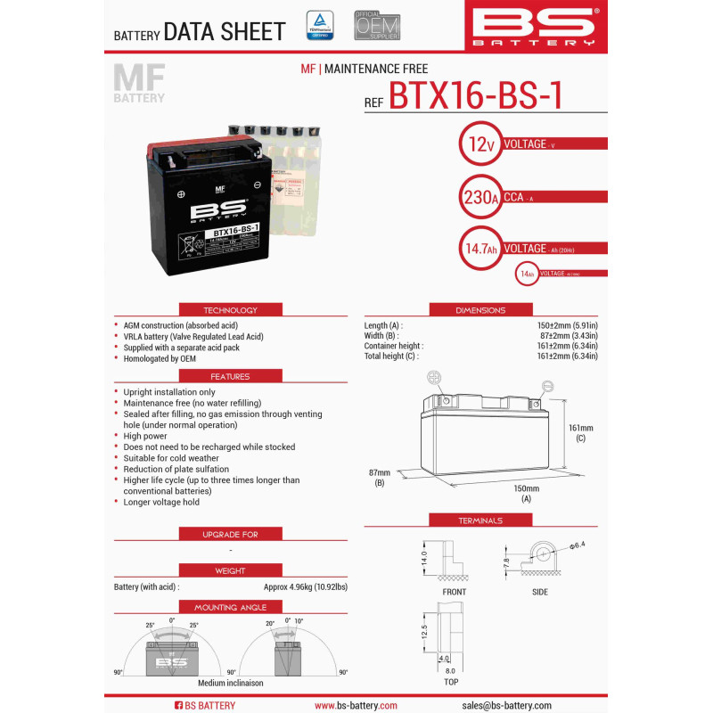 BS AKUMULATOR BTX16-BS1 (YTX16-BS-1) 12V 14AH 152X88X161 BEZOBSŁUGOWY - ELEKTROLIT OSOBNO (230A) UE2019/1148 (2)
