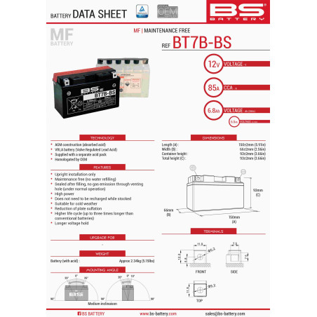 BS AKUMULATOR BT7B-BS (YT7B-BS) 12V 6,5AH 150X65X93 BEZOBSŁUGOWY - ELEKTROLIT OSOBNO (85A) UE2019/1148 (6)