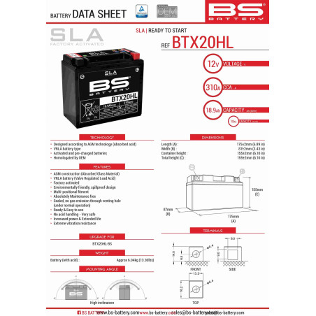 BS AKUMULATOR BTX20HL (FA) (YTX20HL-BS) 12V 18AH 175X87X155 BEZOBSŁUGOWY - ZALANY (310A) (4)