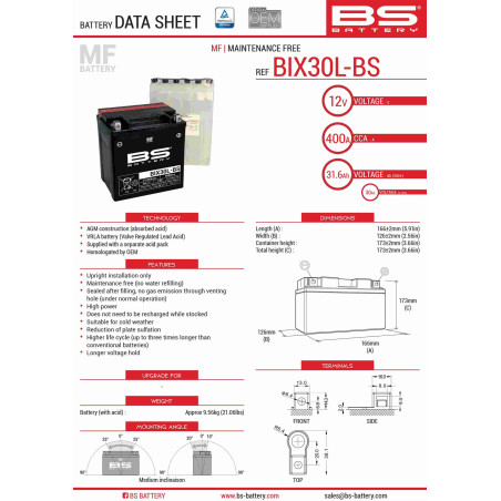 BS AKUMULATOR BIX30L-BS (YTX30L-BS) 12V 30AH 165X125X175 BEZOBSŁUGOWY - ELEKTROLIT OSOBNO (400A) UE2019/1148 (1)