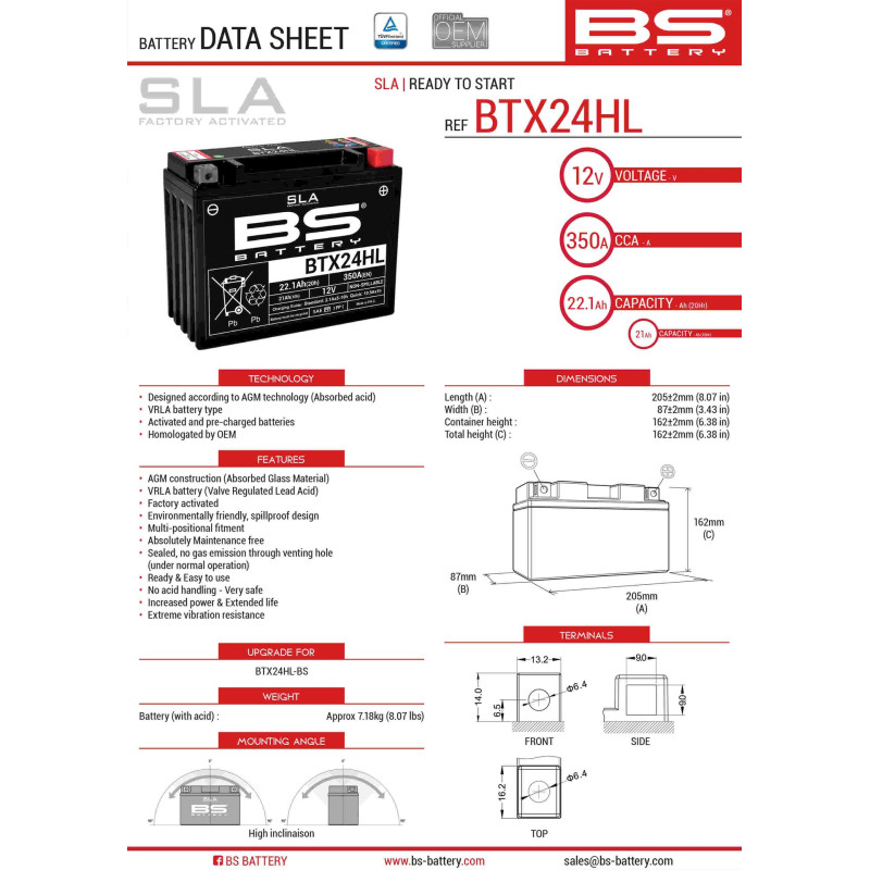BS AKUMULATOR BTX24HL (FA) (YTX24HL-BS) 12V 21AH 205X87X162 BEZOBSŁUGOWY - ZALANY (350A) - ZASTĘPUJE 300755 (4)