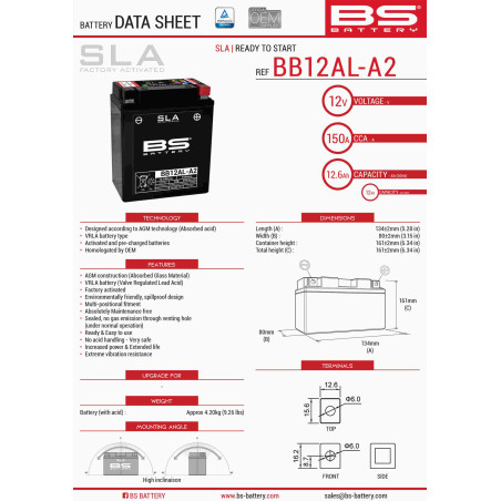BS AKUMULATOR BB12AL-A2 (FA) (YB12AL-A2) 12V 12AH 135X81X161 BEZOBSŁUGOWY - ZALANY (150A) (5)
