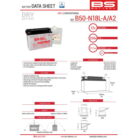 BS AKUMULATOR B50-N18L-A/A2 (Y50-N18L-A/A2) 12V 20AH 205X90X162 OBSŁUGOWY - ELEKTROLIT OSOBNO 250A UE2019/1148 (2)