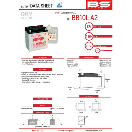 BS AKUMULATOR BB10L-A2 (YB10L-A2) 12V 11AH 136X91X146 OBSŁUGOWY - ELEKTROLIT OSOBNO (160A) UE2019/1148 (4)