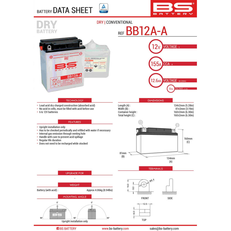 BS AKUMULATOR BB12A-A (YB12A-A) 12V 12AH 134X81X160 OBSŁUGOWY - ELEKTROLIT OSOBNO (155A) UE2019/1148 (4)
