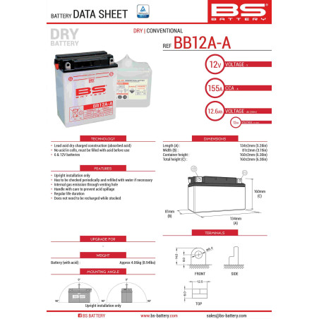 BS AKUMULATOR BB12A-A (YB12A-A) 12V 12AH 134X81X160 OBSŁUGOWY - ELEKTROLIT OSOBNO (155A) UE2019/1148 (4)