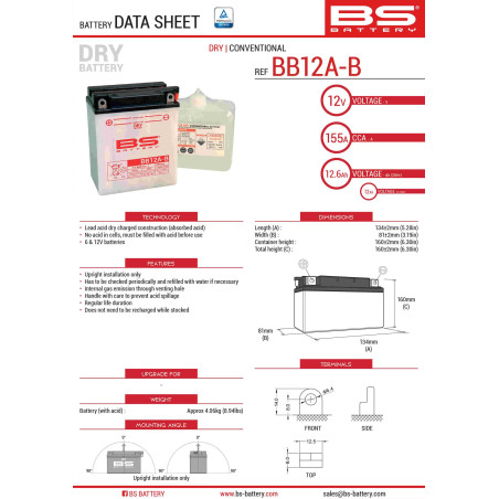 BS AKUMULATOR BB12A-B (YB12A-B) 12V 12AH 134X80X160 OBSŁUGOWY - ELEKTROLIT OSOBNO (155A) UE2019/1148 (4)