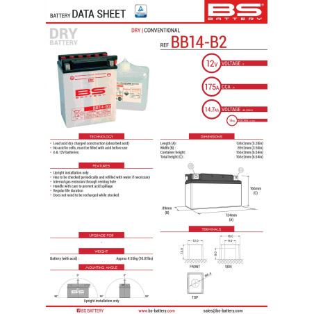 BS AKUMULATOR BB14-B2 (YB14-B2) 12V 14AH 134X89X166 OBSŁUGOWY - ELEKTROLIT OSOBNO (175A) UE2019/1148 (3)