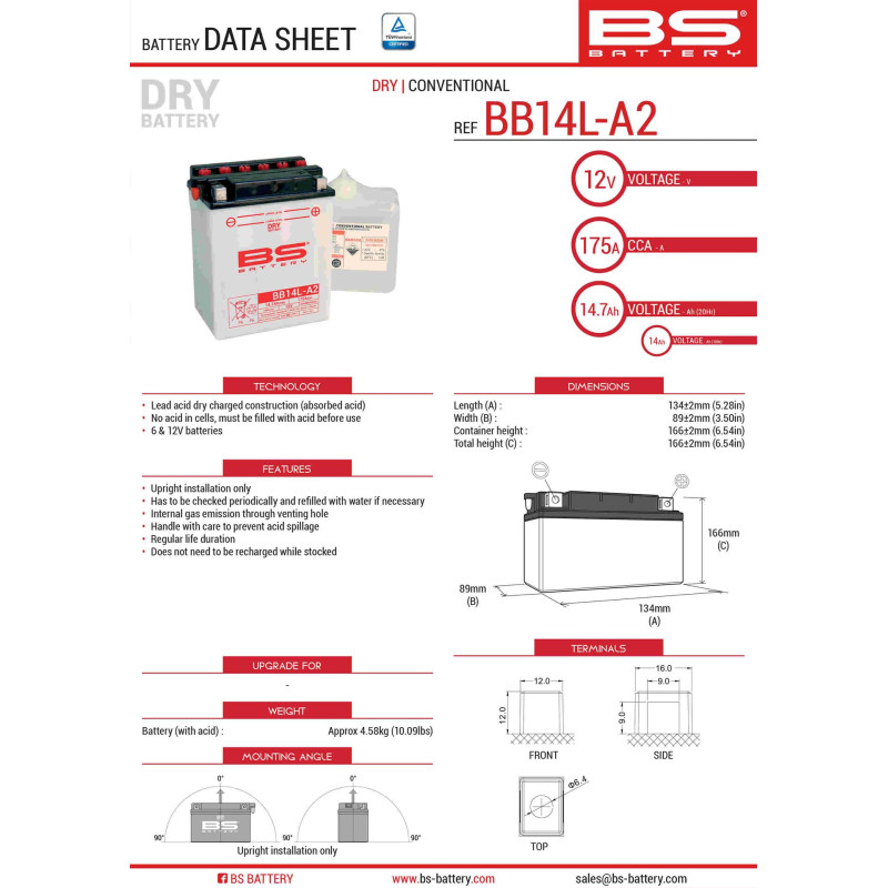 BS AKUMULATOR BB14L-A2 (YB14L-A2) 12V 14AH 135X91X167 OBSŁUGOWY - ELEKTROLIT OSOBNO (175A) UE2019/1148 (3)