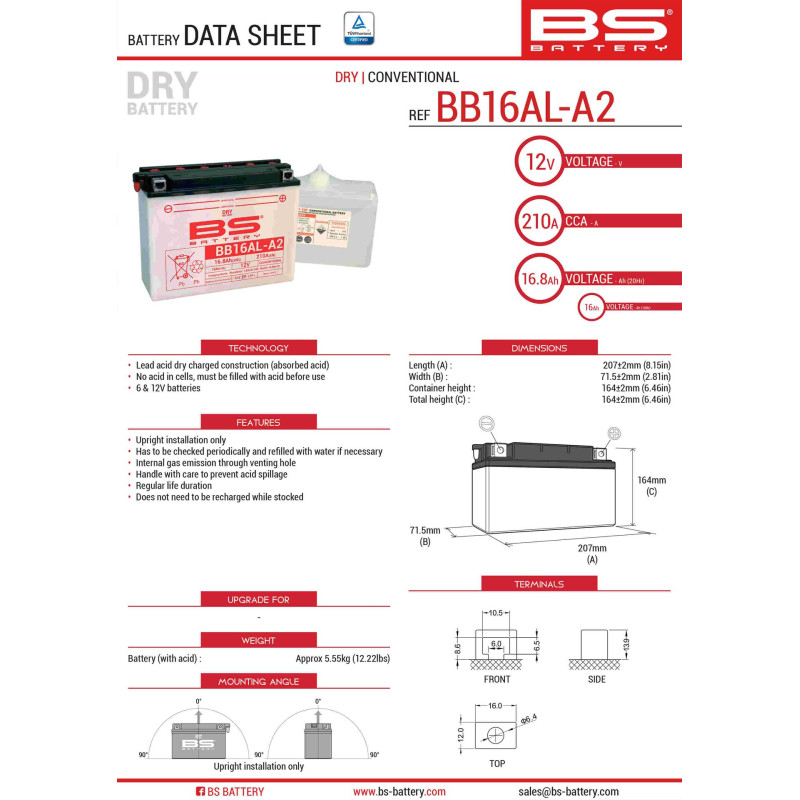 BS AKUMULATOR BB16AL-A2 (YB16ALA2) 12V 16AH 205X71X164 OBSŁUGOWY - ELEKTROLIT OSOBNO (175A) UE2019/1148 (3)